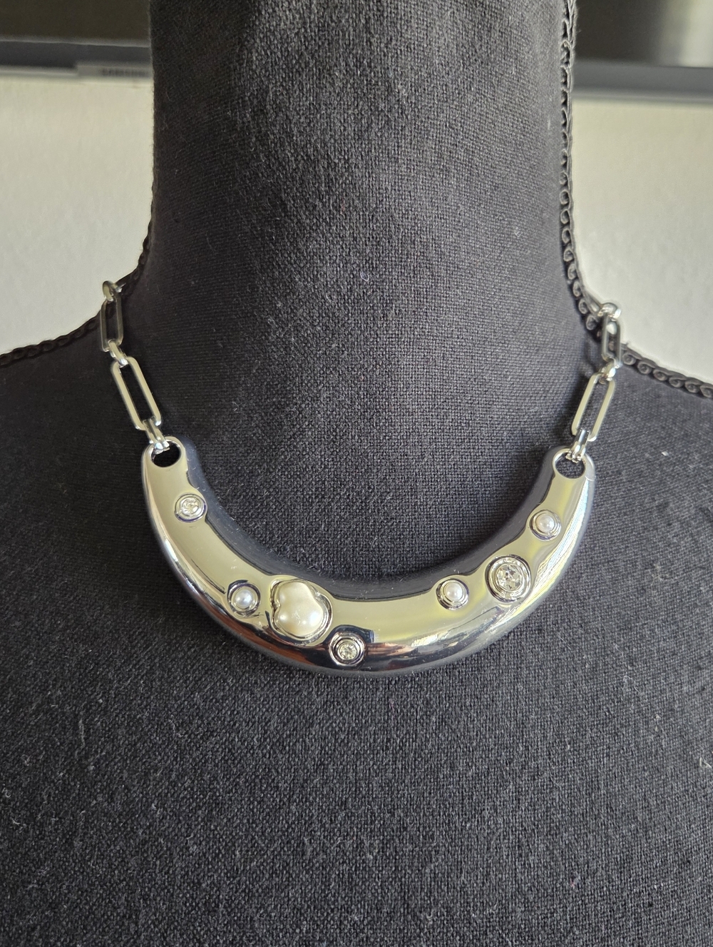 I.N.C. Rhodium-Plated Crystal & Imitation Pearl Curved Bar Statement Necklace